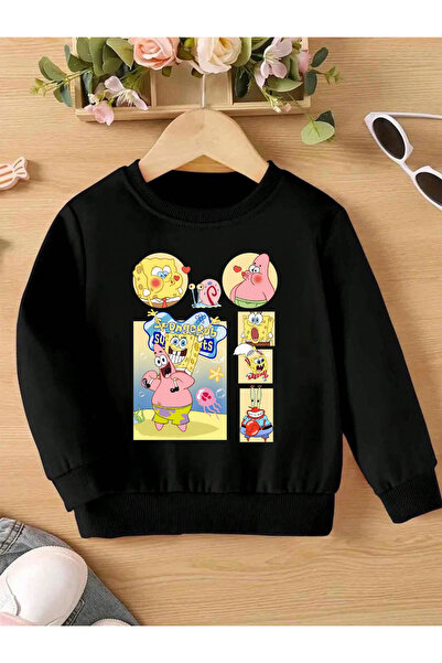 Tubinyoo Sünger Bob & Patrick Friends Baskılı Siyah Çocuk Sweatshirt