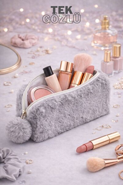 Bambus Peluş Tek Gözlü Bölmeli Kumaş Çok Amaçlı Fermuarlı Seyahat ve Makyaj Ç...