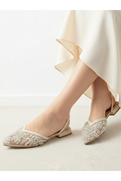 Bola File Dantel İşlemeli Alçak Topuk Arka Lastik Detay Sivri Burunlu Kadın A...