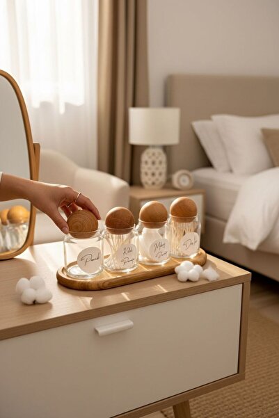 zezedesing Set of 4 Glass Jars with Acacia Wood Stands - Cotton & Cotton Swab...