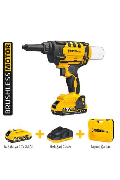 SGS PLUS SGS5465 AKÜLÜ ŞARJLI PERÇİN TABANCASI SETİ 20V 2.0 Ah (KÖMÜRSÜZ MOTOR)