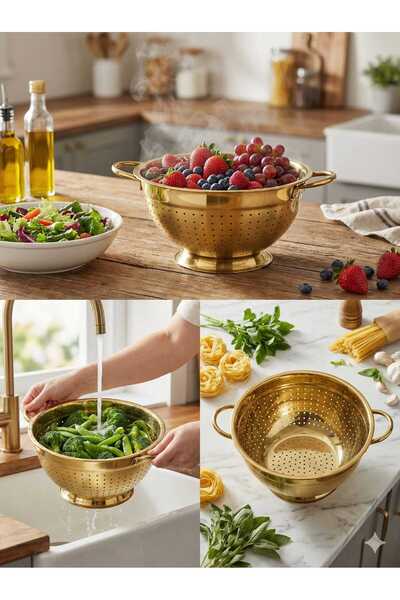 LOVYCO Gold Stainless Steel Metal Strainer 26 cm - Pasta, Rice and Vegetable ...