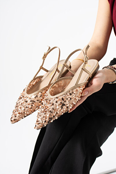 Best Cover LERINA Kadın Bej Sivri Burun Slingback Pul Payet Detaylı Düz Taban...