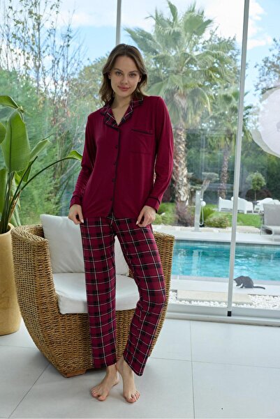 İpek Women's Long Sleeve Front Button Plaid Pattern Pajama Set