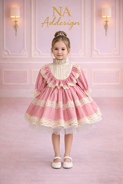 NA ADDESIGN Custom Made Vintage Ruffle Girls' Dress - Retro Dress with Lace D...