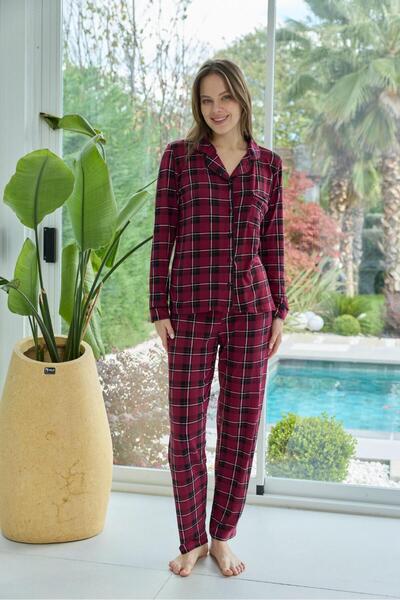 İpek Women's Long Sleeve Front Button Plaid Pattern Pajama Set