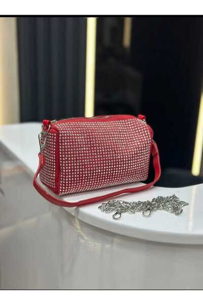 ÖZÜM TAKI Women's Silver Stone Evening Dress Bag Red