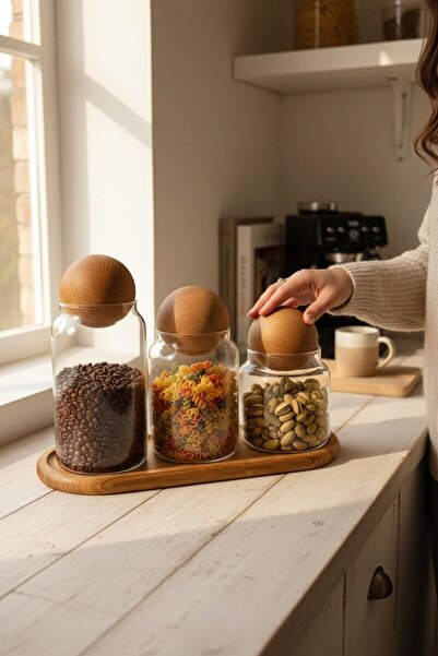 zezedesing Set of 3 Glass Jars with Acacia Wood Stand and Ball Lids - Kitchen...