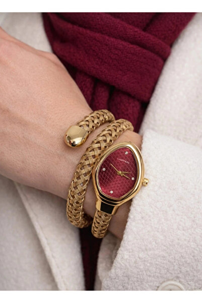 captiva Kadın Bileklik Saat Altın Renk Örgü Kordon – Bordo Kadran Oval Kasa Ş...