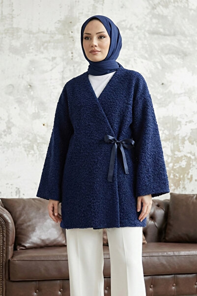 MODAQU Side-Tie Boucle Fabric Kimono - Navy Blue