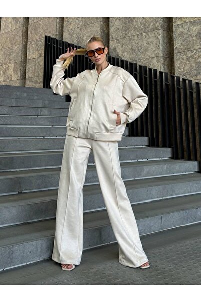 manana fashion Cream Suede Casual Zippered Cardigan and Pants Two-Piece Set