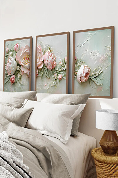 kutuTR Kahverengi Ahşap Çerçeveli 2DUV Baskı 3’lü MDF Tablo–Pastel Yeşil Pemb...