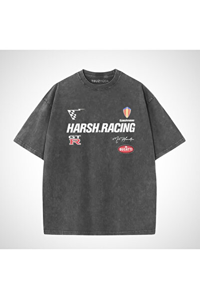 Le Savu Tricou vintage oversize unisex cu imprimeu Harsh Racing, lavabil