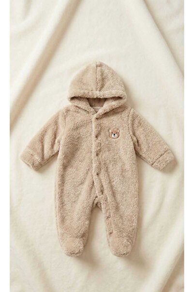 Dandini unisex bebek tulum peluş mont açık kahve ayıcık düğmeli