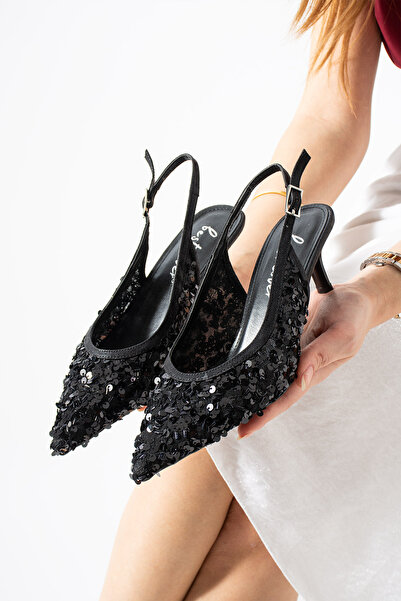 Best Cover ARIYA Kadın Siyah Sivri Burun Slingback Pul Payet Detaylı İnce Top...