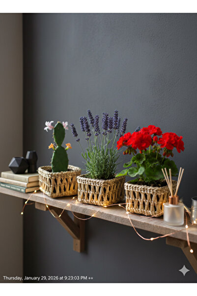 EM&MA DESİNG EMMA - Küçük Hasır Sukulent 3'LÜ SET Dekor Çok Amaçlı Sepet Ev M...