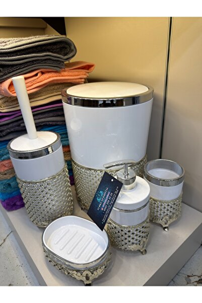 Vakıf home Akrilik 5 Parça Gümüş Renk Metal Beyaz Banyo Seti