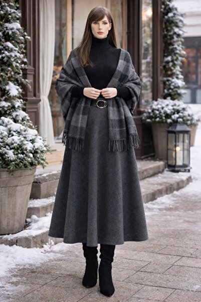 RAZENCİ Anthracite Non-Pilling Imported Cashmere Skirt