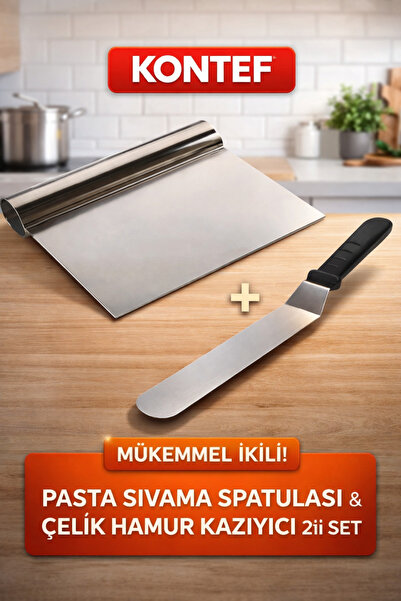KONTEF Pasta Sıvama Spatulası + Çelik Spatula Hamur Kazıyıcı 2Li Set