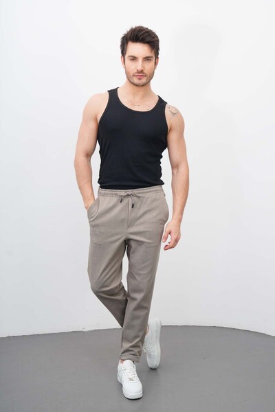 DI LORIA Men's Beige Pocketed Comfortable Fit Double-Legged Lycra Jogger Pants