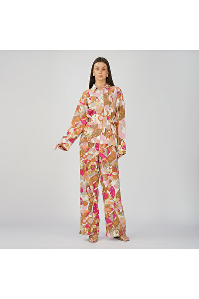 LINELLE Brown Base Multicolor Retro Abstract Printed Coord Set