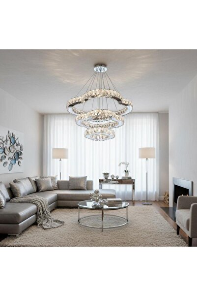 Elizim Home Lighting Casel 3 katlı kristal taşlı krom ledli avize