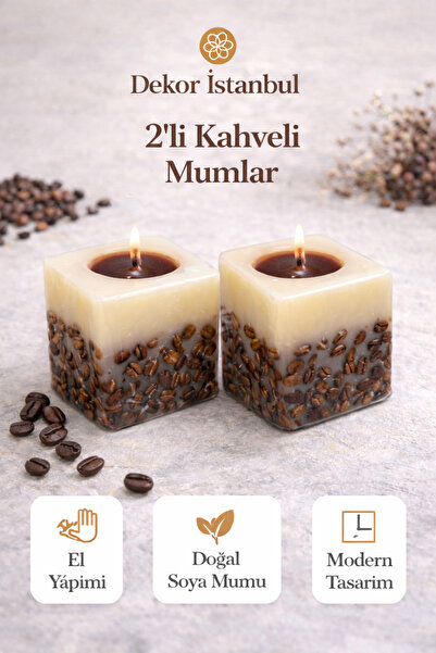 Dekor İstanbul 2’li Kahveli Mum Seti – El Yapımı Doğal Soya Mum, Dekoratif Ka...