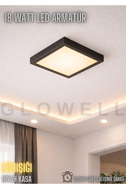 GLOWELL 20x20 18w Sıva Üstü Led Panel, Siyah Metal Kasa Kolay Montaj, Güçlü G...