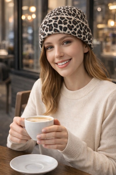 luwian Kadın Peluş Leopar Desen Bere Soğuk Hava Şapkası