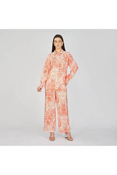 LINELLE Orange & White Motif Printed Coord Set with Bead Embroidery