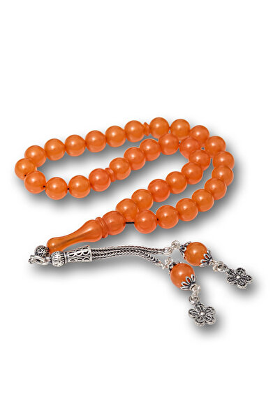 MEVAFA Orange Round Crimped Amber Prayer Beads with Silver Tassels