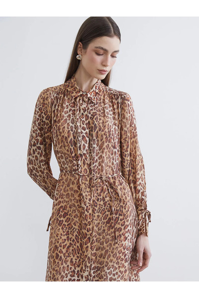 LC Waikiki LCW Modest Bej Leopar Desenli Modal Karışımlı Gömlek Elbise