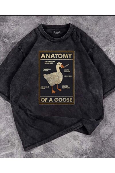 Le Savu Washable Duck Anatomy Printed Unisex Oversize Vintage T-Shirt