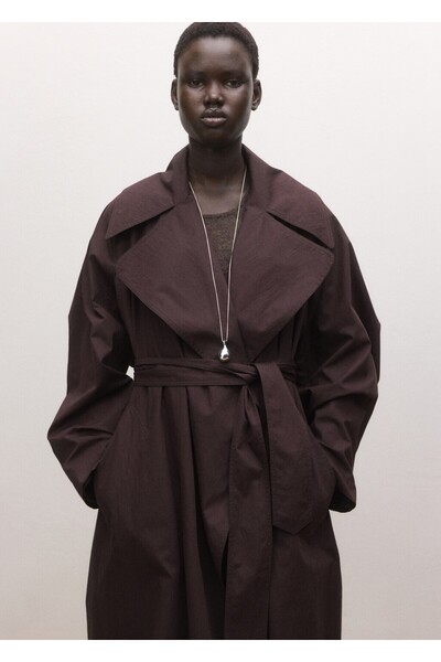 MANGO Woman Pamuk trenç maxi yaka kemer