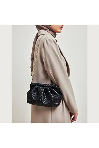 MayCap Black Knitted Patterned Chain Strap Mini Clutch Bag Veneta Style Knitt...