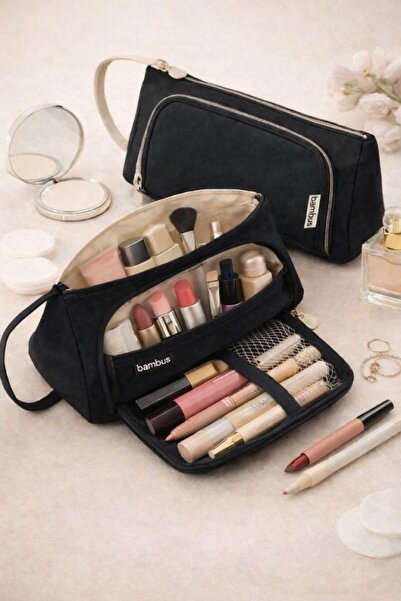 Bambus Üçgen Çok Bölmeli Büyük Kapasiteli Kumaş Seyahat Tipi Makyaj Organizer...