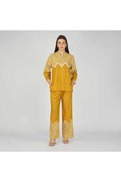 LINELLE Mustard White Zig Zag Printed Coord Set with Lace Detail