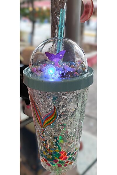 ada çanta kırtasiye كوب بلاستيكي مزخرف بغطاء مزخرف وشفاطة مع إضاءة 470 مل AD6...