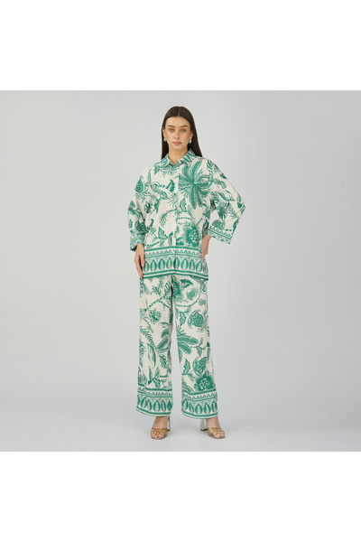 LINELLE White & Teal Tropical Printed Coord Set with Button-Down Shirt