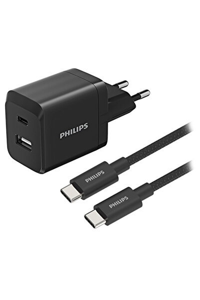 Philips Încărcător rapid GaN de 45W cu două porturi USB-A USB-C PD și cablu d...