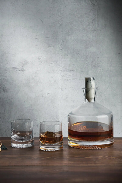 NUDE Alba Marble Lid Lead-Free Crystal Whiskey Decanter and Whiskey Glass Set...