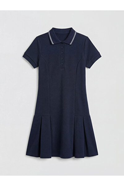 LC Waikiki Lcw kids navy blue pleated polo collar girl's dress