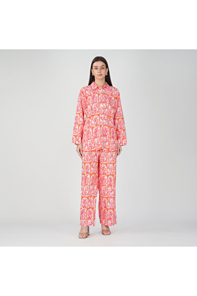 LINELLE White Base Pink & Orange Palm Mosaic Printed Coord Set