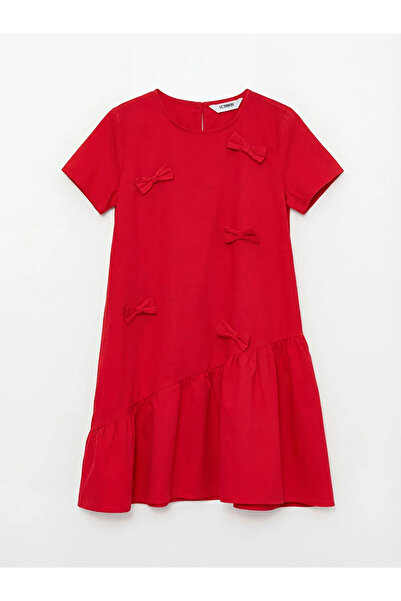 LC Waikiki Lcw Kids Red Crew Neck Bow Detailed Girls' Dress