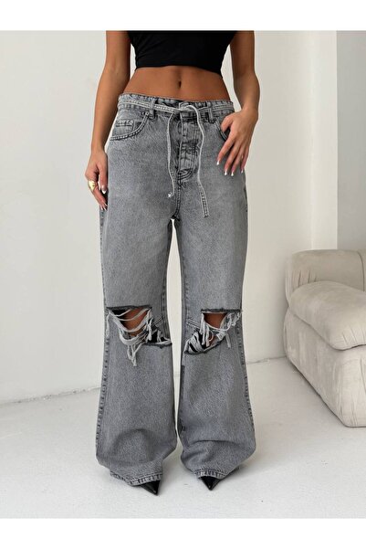 DENİKK Trend Special Design Wide Leg Palazzo Jean Denim Ripped Detail Pants