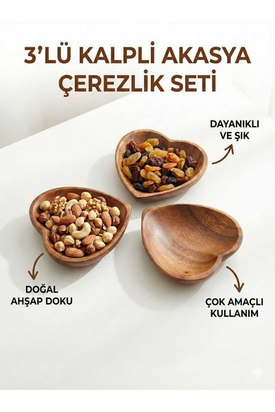 LOVYCO 3'lü Set Kalp Şeklinde Doğal Akasya Ahşap Çerezlik ve Sunum Tabağı Set...