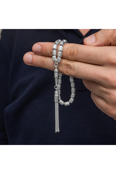 MEVAFA Silver Capsule Cut Striped Men's Prayer Beads