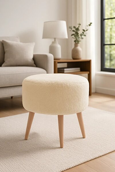 WATERYBROOK Yuvarlak Puf Welsoft Kumaş Ceviz Ahşap Ayaklı - Makyaj - Yatak Uc...