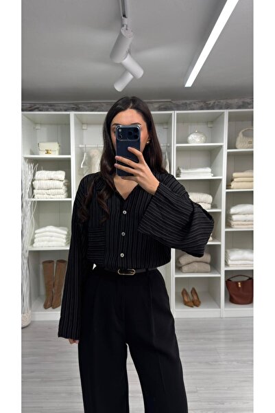 LUUNA STORE Ali̇na Oversized Striped Shirt - Black