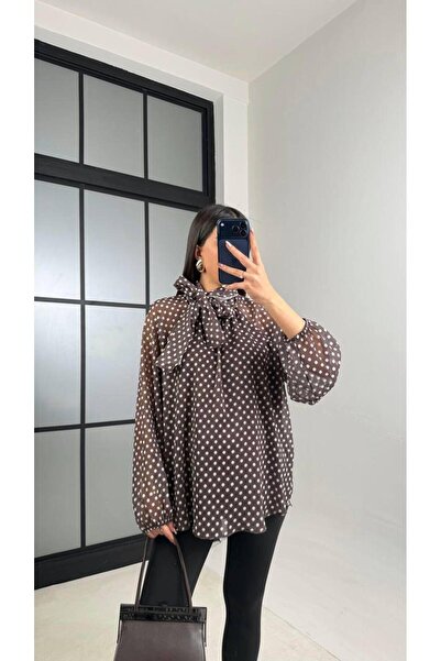 Lunea Womens Women's Brown Chiffon Polka Dot Tie-Back Blouse